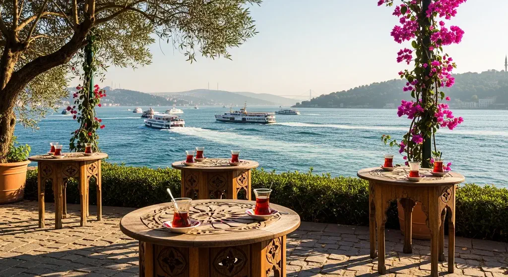 Small tulip tea glasses on a table at an outdoor tea garden overlooking the Bosphorus