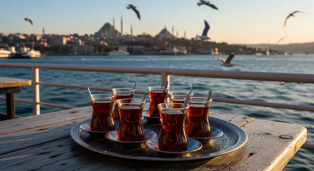 A tray of Turkish tea glasses on a wooden table on the deck of a Bosphorus ferry