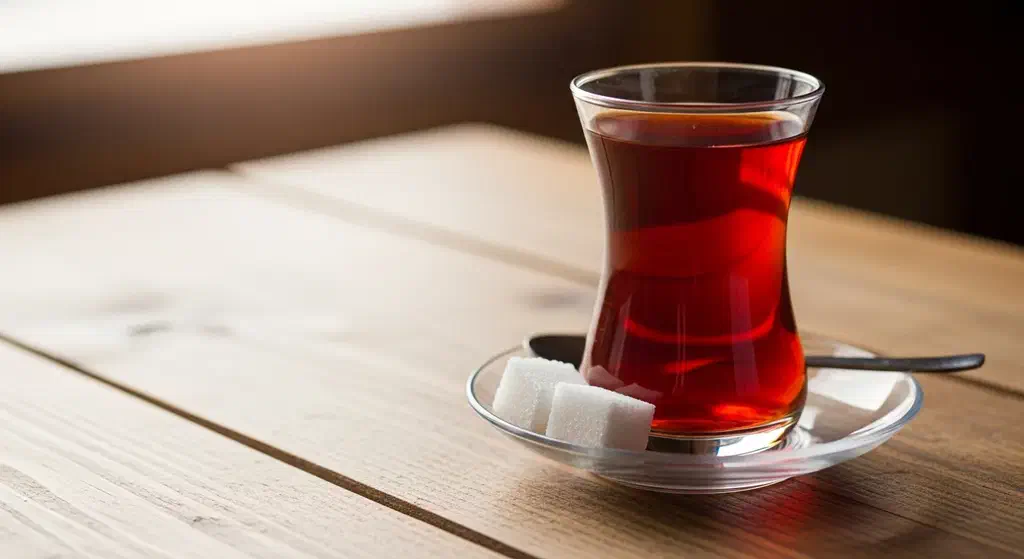 A classic Turkish tea served in a slim tulip-shaped glass with two sugar cubes