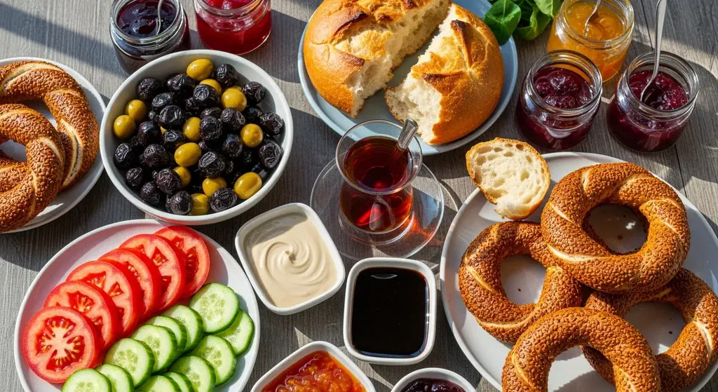 A plant-based Turkish breakfast spread with olives, tomatoes, cucumber, jams, bread and tea