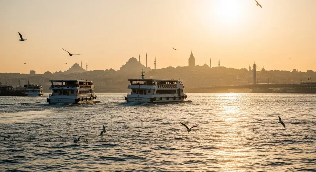 Golden early-evening light over the Bosphorus in Istanbul with ferries crossing between the two shores