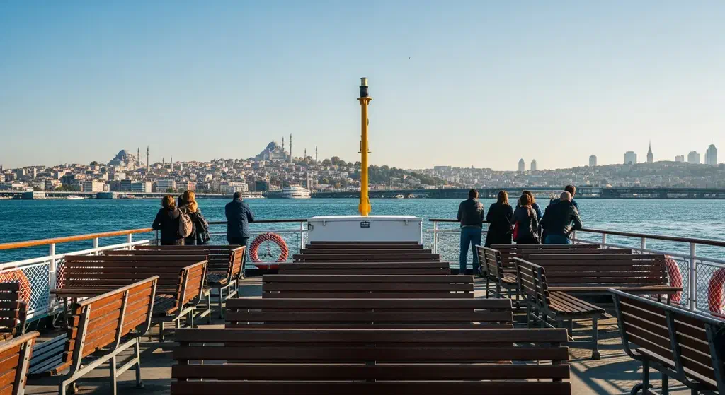 Passengers on the open deck of an Istanbul ferry crossing the Bosphorus on a clear September day