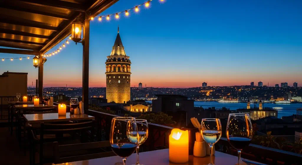 Rooftop terrace tables at dusk in Istanbul with the Galata Tower lit up behind