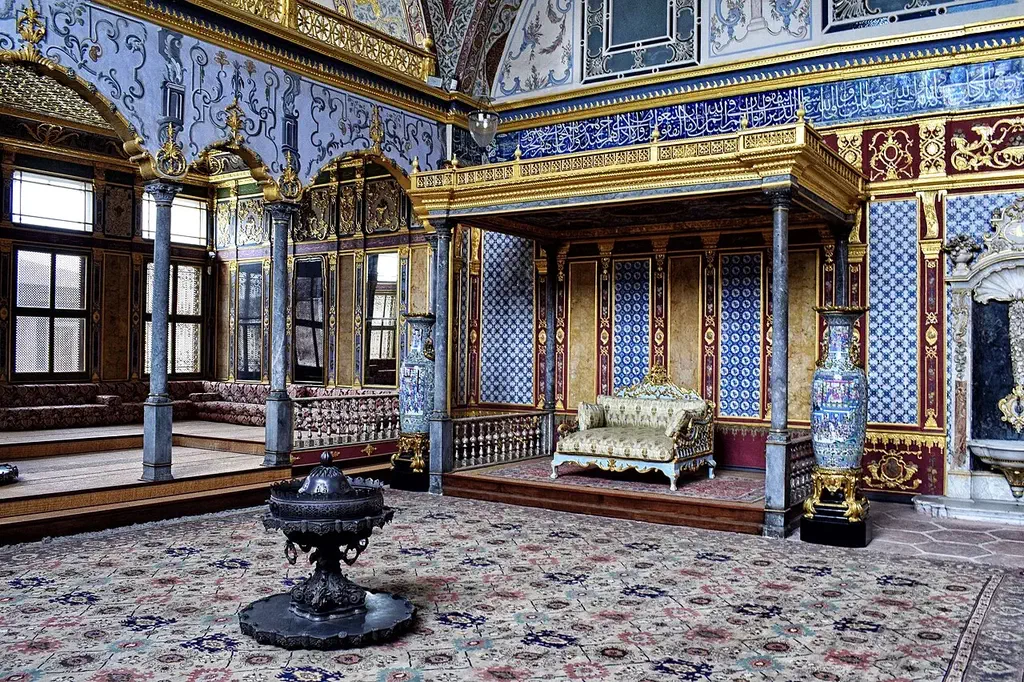 Ornate gilded interior of the Imperial Hall inside the Topkapi Palace Harem